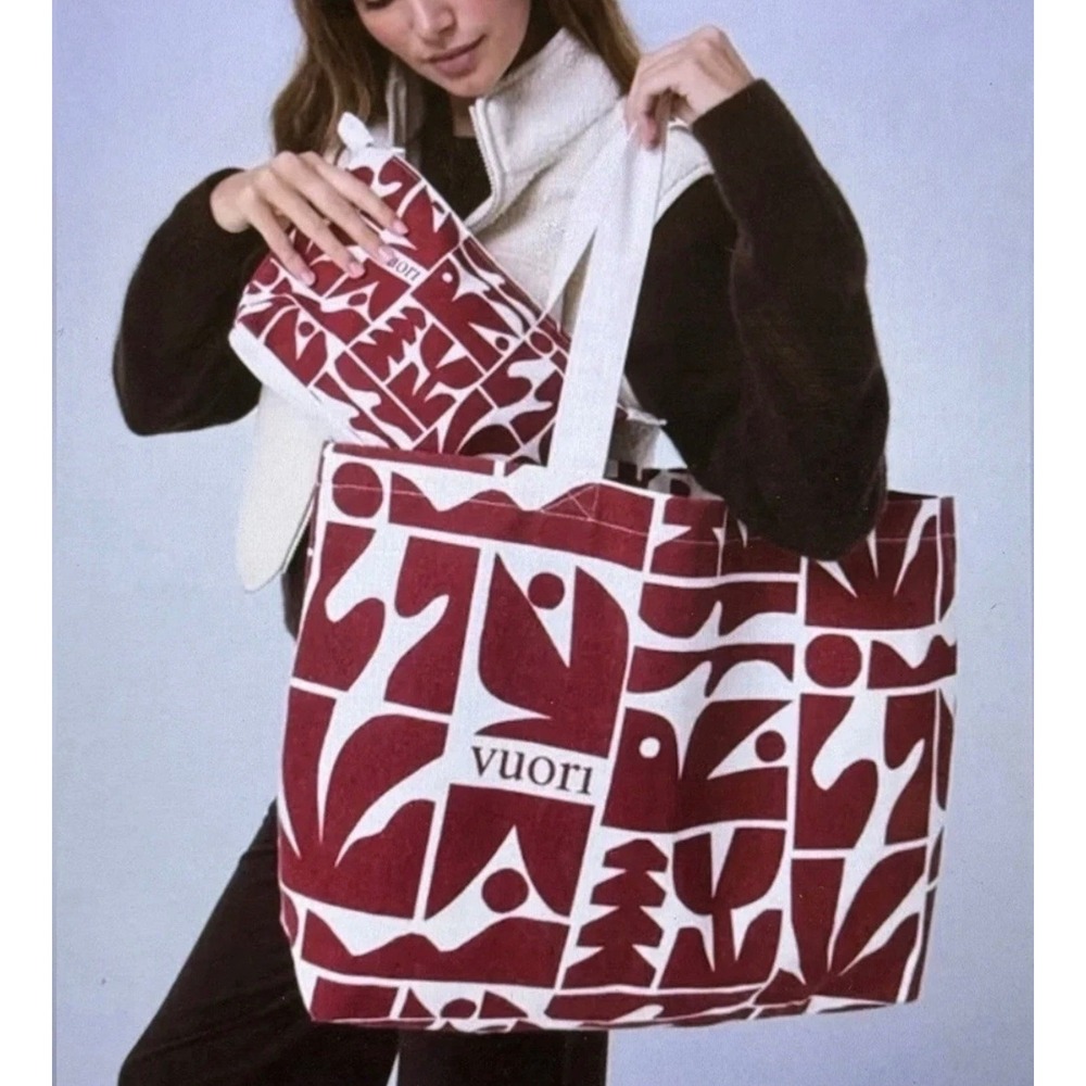 Vuori Tote Bag Pouch Set Unisex OS Burgundy NEW Cody Hudson Canvas Geometric